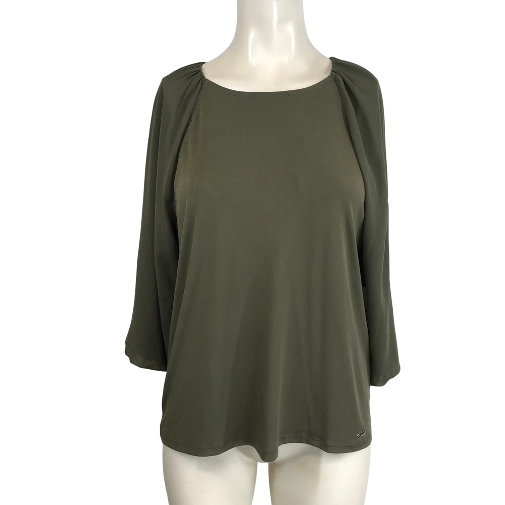 Calvin Klein Women Small Olive Green 3/4 Sleeve Boat Neck Top Modern Essentials
